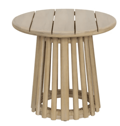 A round side table constructed from light-toned wood. It features a circular top made of evenly spaced wooden slats and a tapered base composed of numerous vertical wooden dowels or slats, creating a slatted, cylindrical form. The light wood finish emphasizes its clean, modern aesthetic. — 3D model
