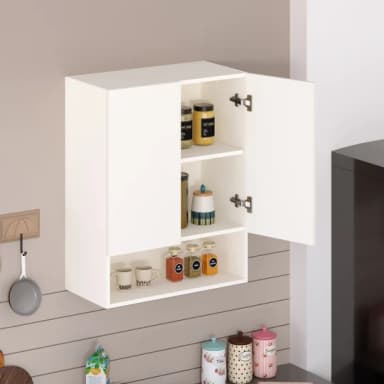 A minimalist, white wall-mounted kitchen cabinet featuring a single hinged door and multiple internal storage compartments. The cabinet is shown with the door partially open, revealing two internal shelves stocked with various jars and cups, suggesting its utility for kitchen organization. — 3D model