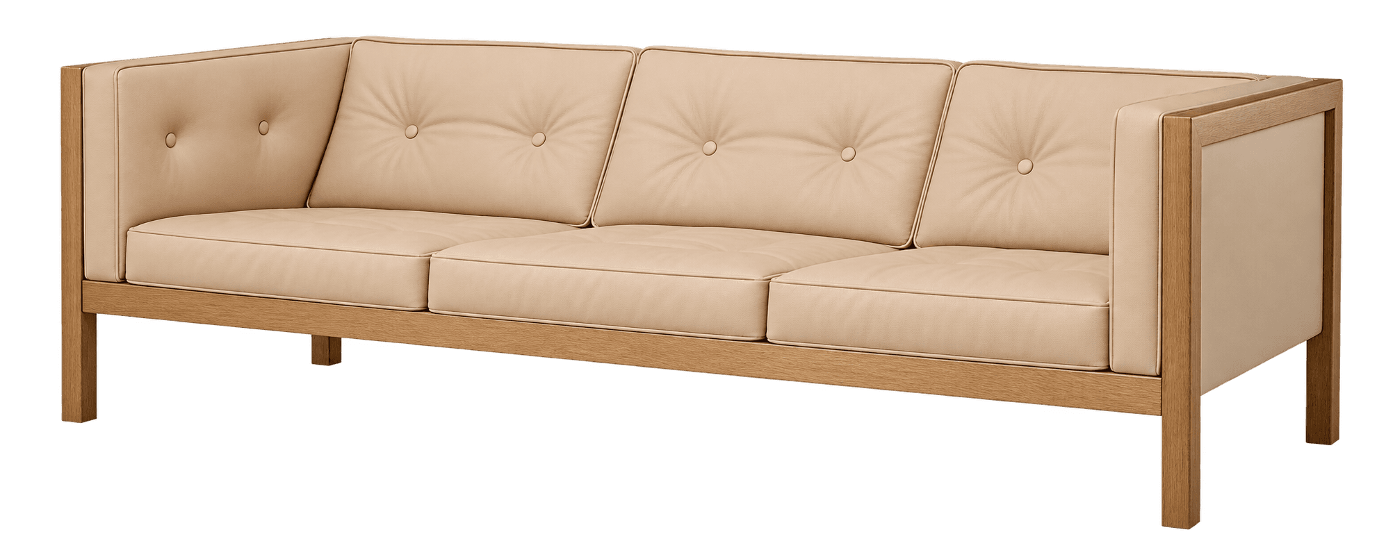 A modern three-seater sofa featuring an exposed light-toned wooden frame and light beige or cream-colored leather upholstery. The design includes three individual seat cushions and three tufted back cushions with visible buttons, providing a clean yet inviting aesthetic. The frame extends to form the arms and legs, showcasing minimalist construction. — 3D model