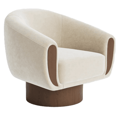 A contemporary upholstered swivel accent chair featuring a rounded, enveloping form with integrated armrests. It is upholstered in a light beige fabric and incorporates visible curved wood panels on the exterior of the lower armrests. The chair rests on a cylindrical wooden base. — 3D model