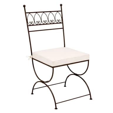 A dark brown metal side chair with a padded white cushion. The chair features decorative scrollwork and arched legs. The backrest has a series of arched motifs with scroll accents. A white cushion is secured to the seat. — 3D model