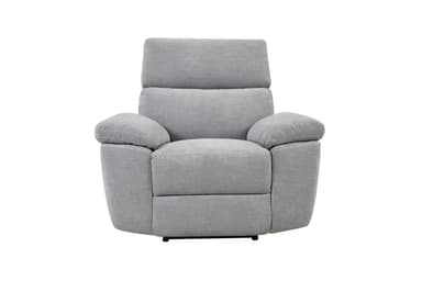 A contemporary power recliner chair upholstered in a light gray textured fabric. It features plush, overstuffed cushioning on the backrest, seat, and armrests, designed for comfort. A silver-toned control panel for power reclining is integrated into the right side of the chair. — 3D model