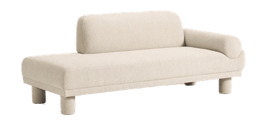 A contemporary bouclé sofa with a chaise lounge extension on the right side. It features a low-profile design with cylindrical legs and a rounded armrest. The backrest is asymmetrical, with a taller section on the left. — 3D model