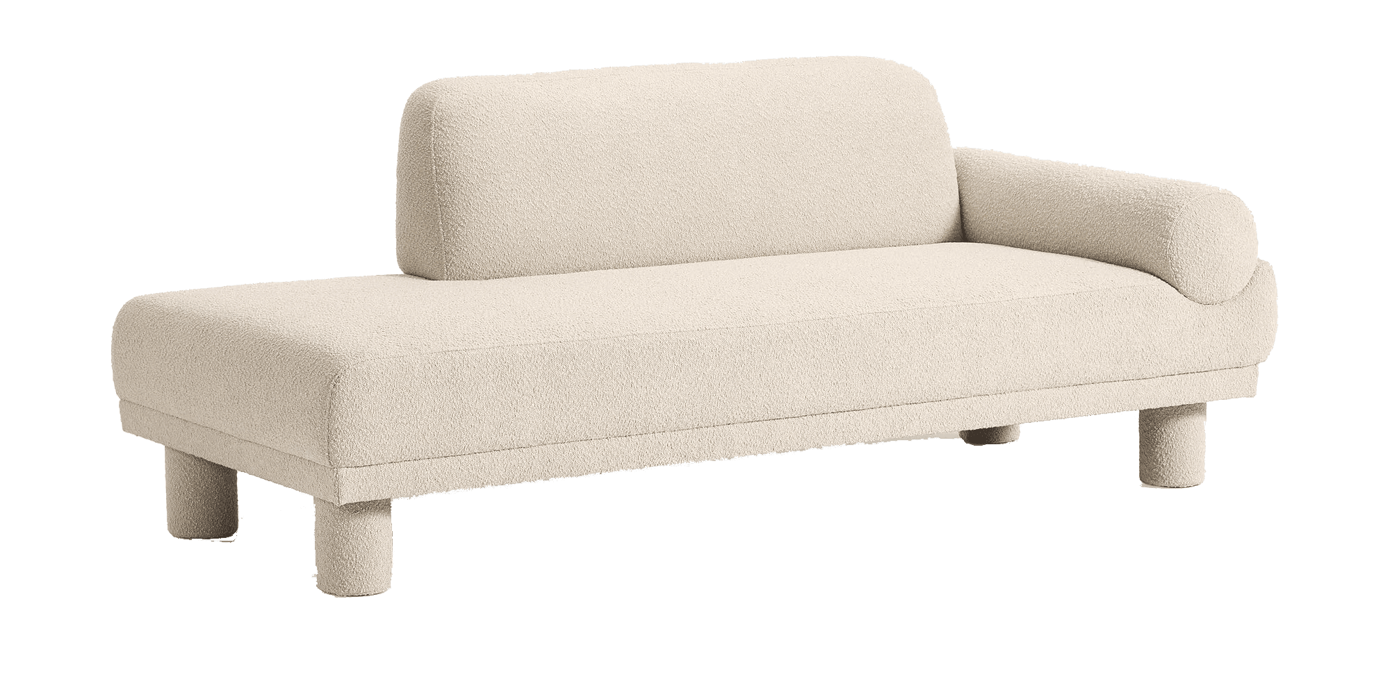 A contemporary bouclé sofa with a chaise lounge extension on the right side. It features a low-profile design with cylindrical legs and a rounded armrest. The backrest is asymmetrical, with a taller section on the left. — 3D model