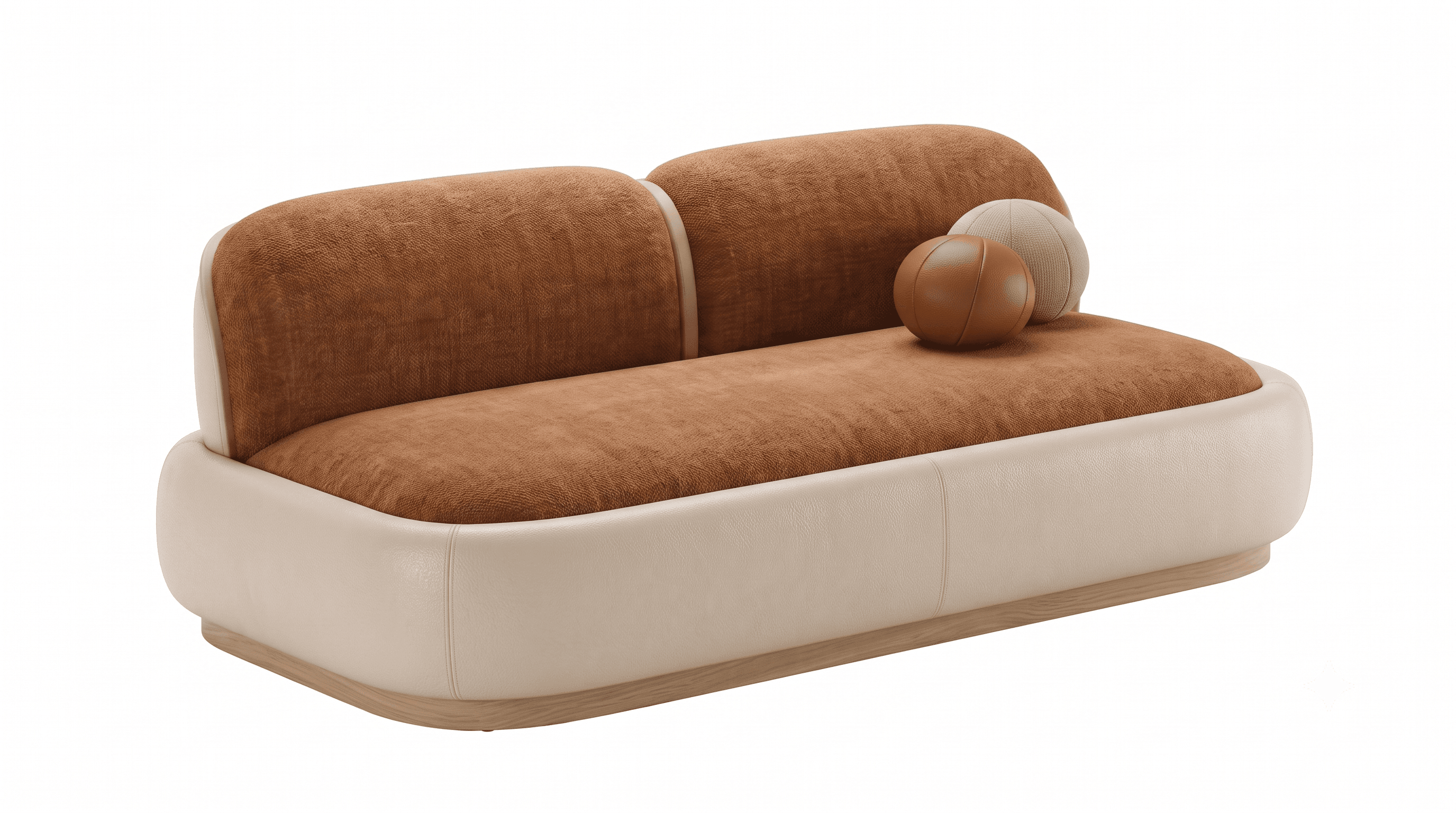 A contemporary two-seater loveseat featuring a distinct two-tone upholstery design. The seating surface and backrests are upholstered in a textured terracotta or rust-colored fabric, while the base and outer shell are covered in a smooth, light beige or cream-colored material, likely leatherette or a fine-grain leather. The design is characterized by rounded edges and a low profile, with the main body resting on a subtle wooden plinth base. Two spherical cushions, one in brown leather and one in a light woven fabric, are placed on the seat. — 3D model
