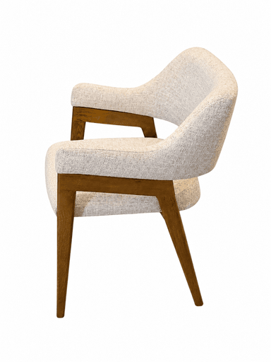 An upholstered armchair in a mid-century modern style, featuring a curved back and seat, light-colored textured fabric, and an exposed wooden frame with integrated armrests and tapered legs. — 3D model