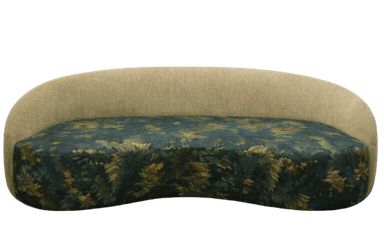 A curved sofa with a solid, rounded backrest and seat cushion. The backrest is upholstered in a textured, light beige fabric. The seat cushion features a dense, repeating pattern of dark green foliage with accents of yellow and brown, resembling pine needles or a similar botanical motif. The overall shape is modern and organic. — 3D model