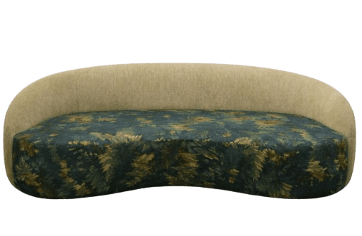 A curved sofa with a solid, rounded backrest and seat cushion. The backrest is upholstered in a textured, light beige fabric. The seat cushion features a dense, repeating pattern of dark green foliage with accents of yellow and brown, resembling pine needles or a similar botanical motif. The overall shape is modern and organic. — 3D model