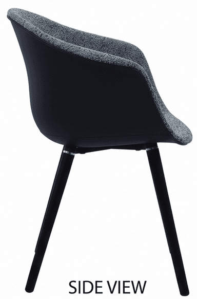 A contemporary dining armchair featuring a molded shell seat and back, fully upholstered in a speckled dark grey fabric, supported by four splayed, tapered black legs. — 3D model