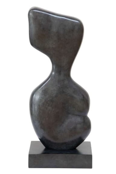 An abstract, biomorphic sculpture with smooth, undulating surfaces, rendered in dark patinated bronze. The form evokes a stylized human or organic shape, resting on a sturdy rectangular base of the same material and finish. Its curves are fluid and continuous, suggesting movement despite its static nature. — 3D model