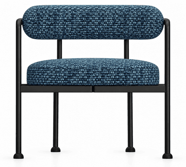 An armless modern dining chair featuring a minimalist black metal frame and two distinct, rounded cylindrical cushions for the seat and backrest. The cushions are upholstered in a textured, multi-tonal blue fabric, resembling a boucle or weave. The frame includes four slender legs with integrated foot glides and supports the seat and backrest structure. — 3D model