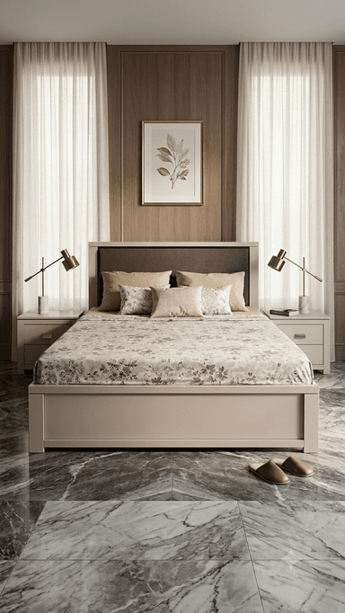 A contemporary platform bed featuring a light beige/greige frame and a dark grey upholstered headboard. The bed is dressed with light-colored bedding, including several pillows and a duvet with a subtle floral or abstract pattern. — 3D model