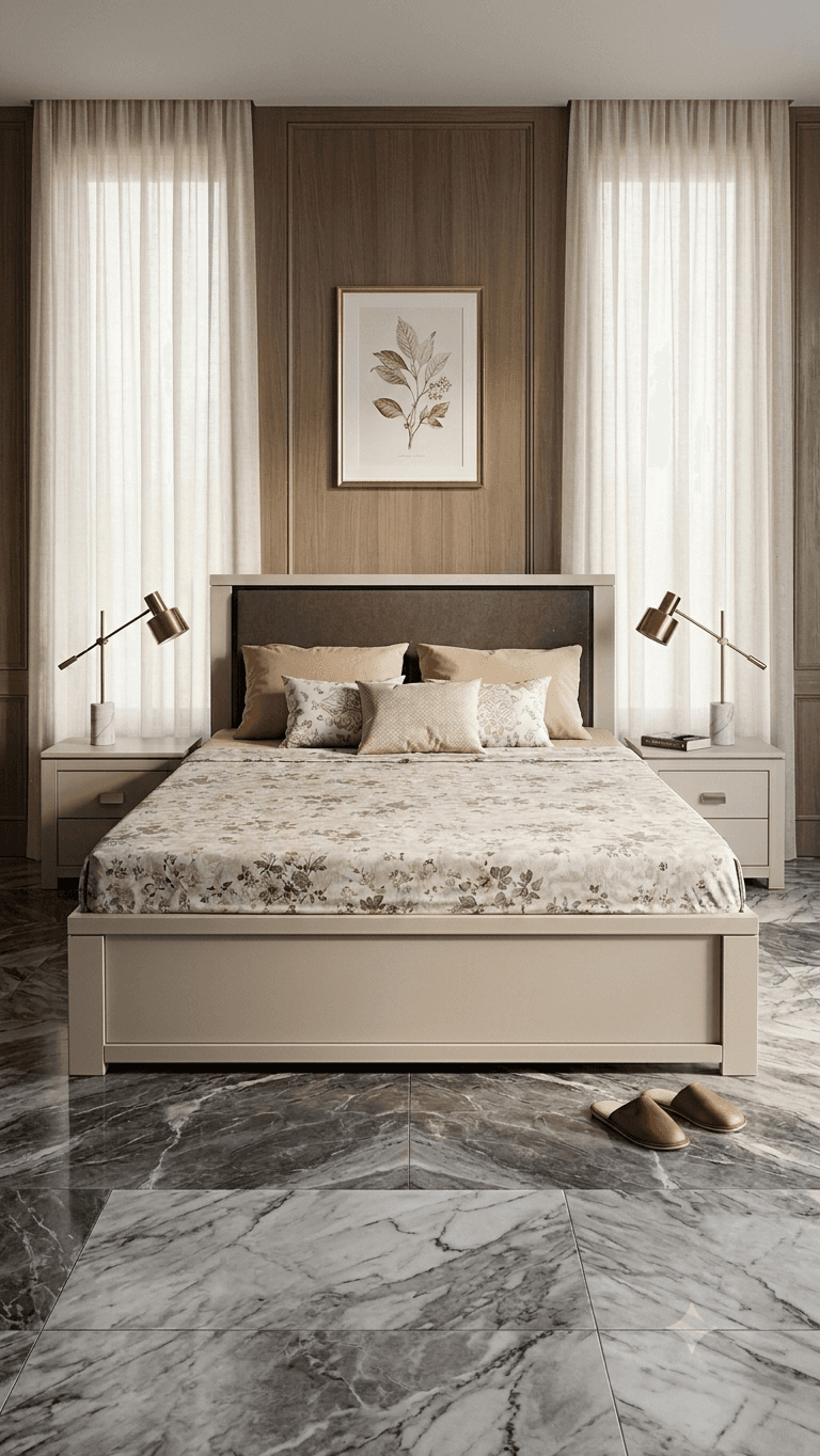 A contemporary platform bed featuring a light beige/greige frame and a dark grey upholstered headboard. The bed is dressed with light-colored bedding, including several pillows and a duvet with a subtle floral or abstract pattern. — 3D model