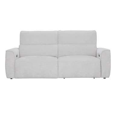 A light gray, upholstered loveseat featuring a contemporary design. The backrest is divided into two distinct, vertically separated sections, suggesting adjustable headrests or a reclining mechanism. The armrests are wide and subtly curved, and the entire piece is covered in a subtly textured fabric. It stands on small, recessed, dark cylindrical feet. — 3D model