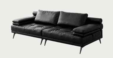 A modern black leather two-seater sofa featuring plush back cushions, slightly tufted seat cushions, and distinctive rolled or cylindrical armrests. The sofa is supported by slender, angled metal legs. — 3D model
