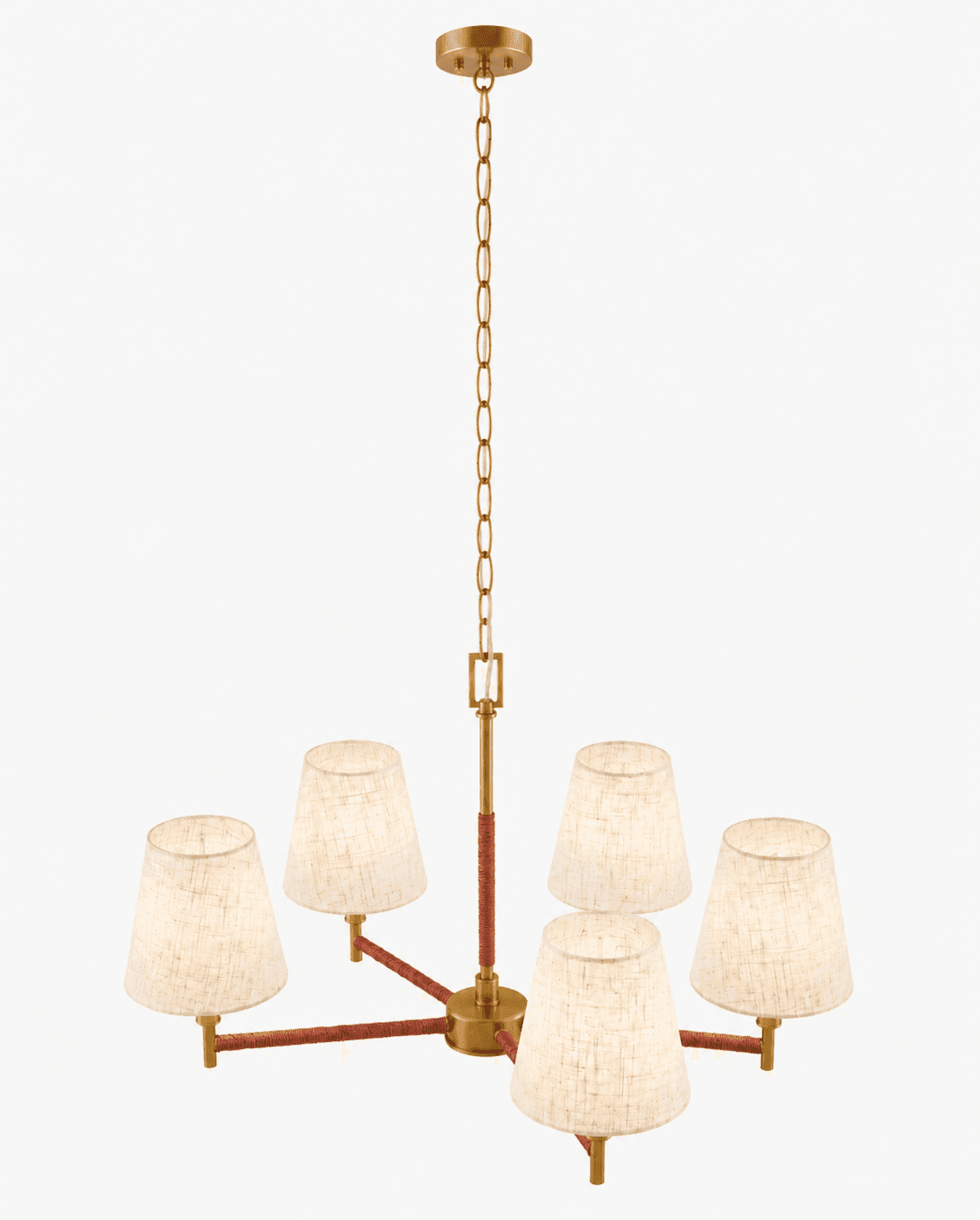 A five-light chandelier with a brass-finished metal frame and a central chain suspension. The arms of the chandelier extend outwards, each supporting a conical lampshade. The frame elements are partially wrapped with a textured, reddish-brown material, possibly rope or twine. The lampshades are made of a light-colored, textured fabric and are conical in shape. — 3D model