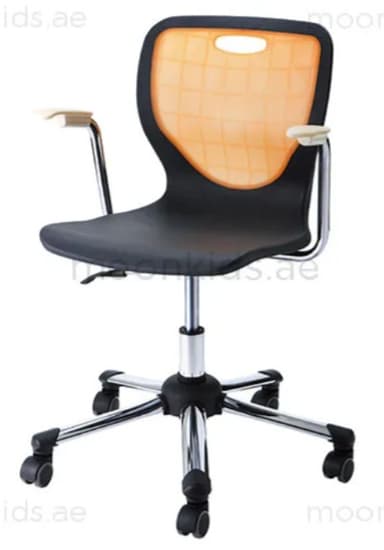 A modern swivel task chair featuring a black molded plastic seat and a translucent orange backrest with a grid pattern. The chair has fixed armrests with light-colored pads and rests on a five-star chrome-plated metal base with black casters for mobility. A lever for height adjustment is visible beneath the seat. — 3D model