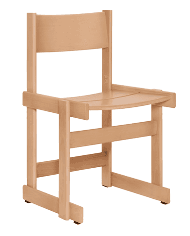 A light-colored wooden chair with a simple, modern design. It features a gently curved seat and a flat backrest supported by vertical posts. The frame is constructed from solid wood pieces, including legs and horizontal stretchers that provide stability. — 3D model