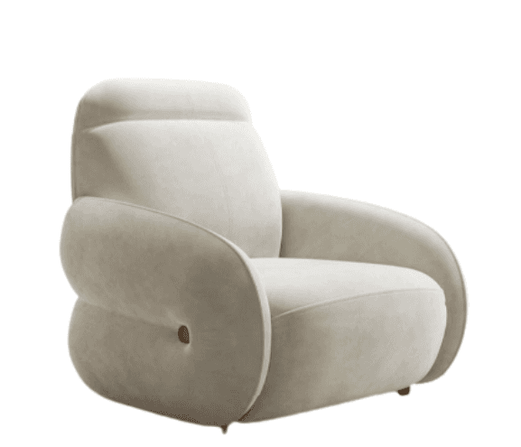 A plush, upholstered armchair with rounded, bulbous sides and a distinctive segmented backrest. It features subtle tufting or stitching details and appears to have small, discreet legs. A single wooden accent button is visible on the left side of the chair. — 3D model