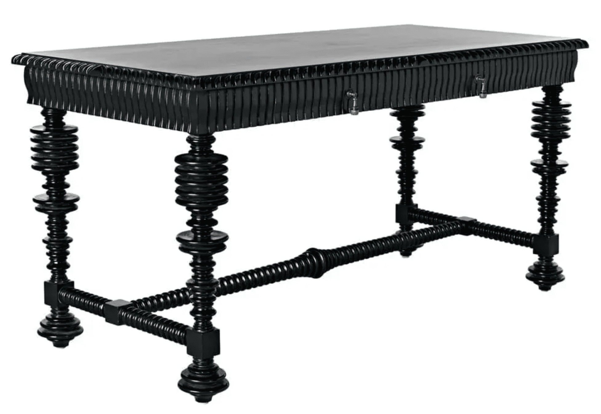 A sculptural black wood desk featuring a rectangular top, a finely fluted or reeded apron with two drawers, and four robust spiral-turned (spool) legs connected by a matching stretcher. The drawers are equipped with small brass ring pull handles. The entire piece is finished in black. — 3D model