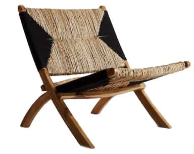 A low-slung lounge chair featuring a folding frame made of light-colored wood, likely teak, and a seat and backrest constructed from woven natural rush fiber. The weaving pattern incorporates black fabric strips, creating a distinct visual contrast. The chair's design suggests a relaxed seating posture, with a slightly reclined back and an extended seat for comfort. The wooden frame has gently curved legs, contributing to both stability and aesthetic appeal. — 3D model