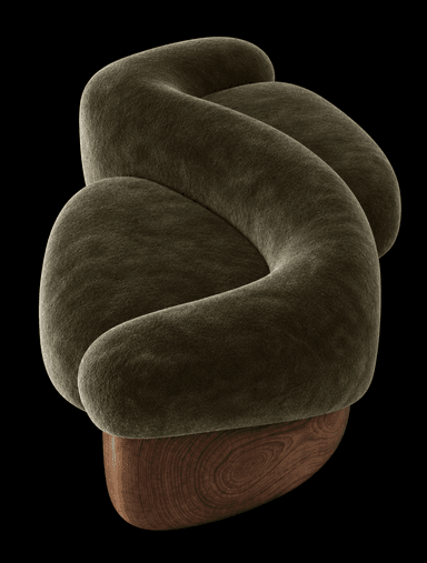 A low-profile lounge chair featuring a distinctly organic and curvilinear form. The chair is upholstered in a dark olive-green velvet or chenille fabric with a plush, textured appearance, forming a deep seat and a subtly integrated backrest. It is supported by a sculptural base crafted from natural-toned wood, characterized by rounded, solid forms that contribute to the piece's overall fluid aesthetic. — 3D model
