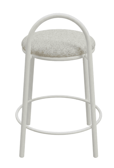 A contemporary bar stool featuring a sleek white metal frame with four tubular legs, a circular footrest, and a curved hoop backrest. The circular seat is upholstered in a light, textured cream or off-white fabric. — 3D model