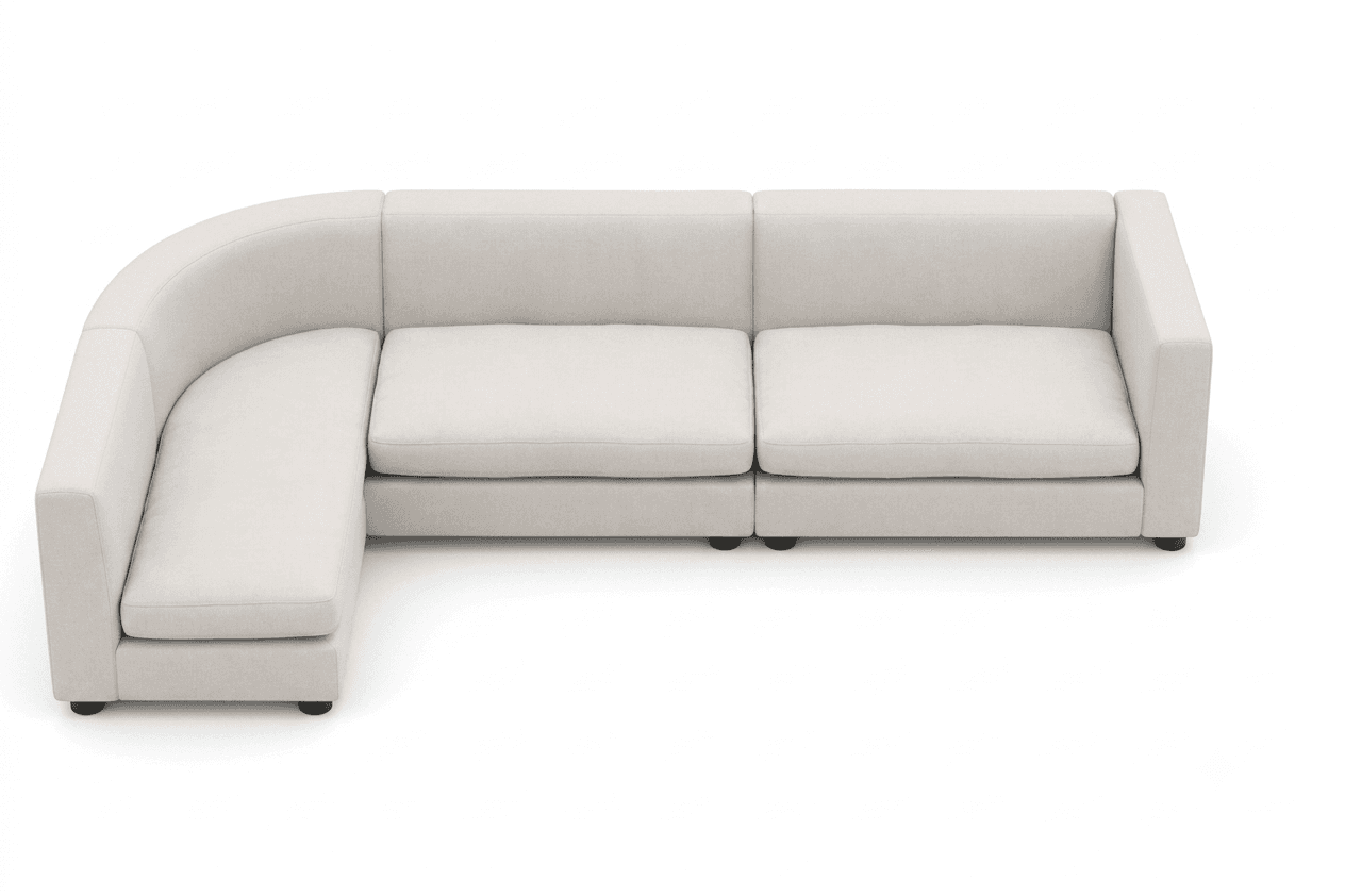 A light beige modular sectional sofa featuring a distinct rounded corner piece and multiple straight sections. It is upholstered in a woven fabric, presenting a clean and contemporary aesthetic with thick, comfortable cushions, blocky arms, and low-profile dark feet. — 3D model