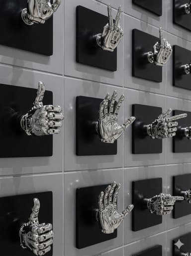 A collection of individual wall-mounted decorative objects, each depicting a chrome-plated robot hand making a distinct gesture. These bionic hands are affixed to square black backing plates and are arranged in a grid pattern on a tiled wall. Gestures include thumbs up, peace sign, pointing, and an open palm, all rendered with a metallic, polished finish that reflects light. — 3D model