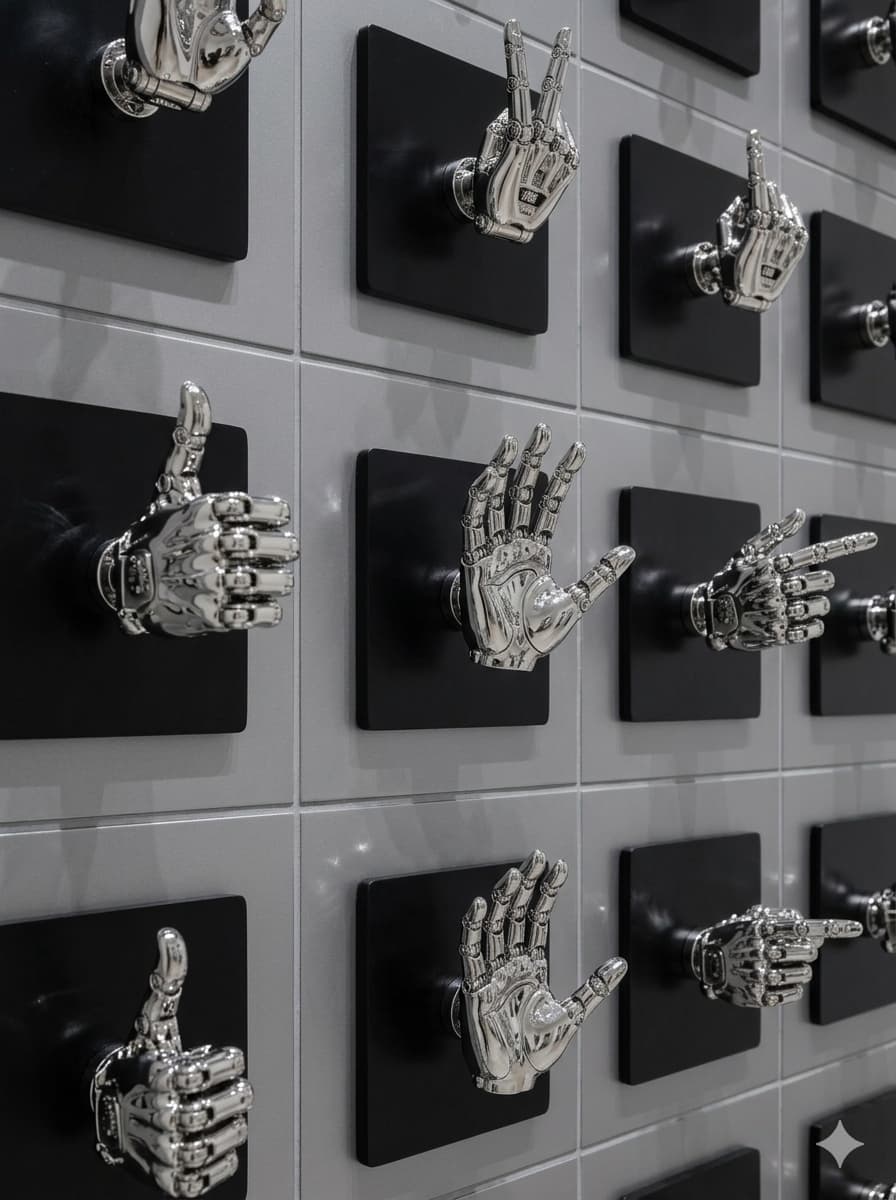 A collection of individual wall-mounted decorative objects, each depicting a chrome-plated robot hand making a distinct gesture. These bionic hands are affixed to square black backing plates and are arranged in a grid pattern on a tiled wall. Gestures include thumbs up, peace sign, pointing, and an open palm, all rendered with a metallic, polished finish that reflects light. — 3D model