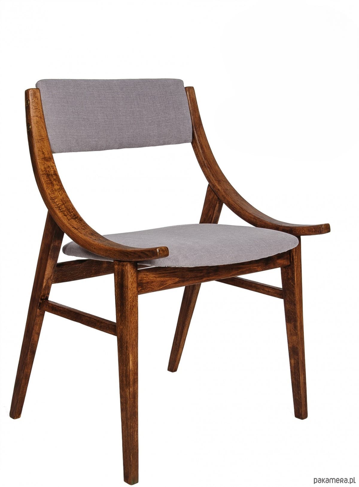 A wooden armchair with a fabric upholstered seat and backrest. The chair features curved wooden armrests that extend from the back legs to the front. The frame is constructed from dark stained wood with visible grain. The seat and back are upholstered in a light grey textured fabric. — 3D model