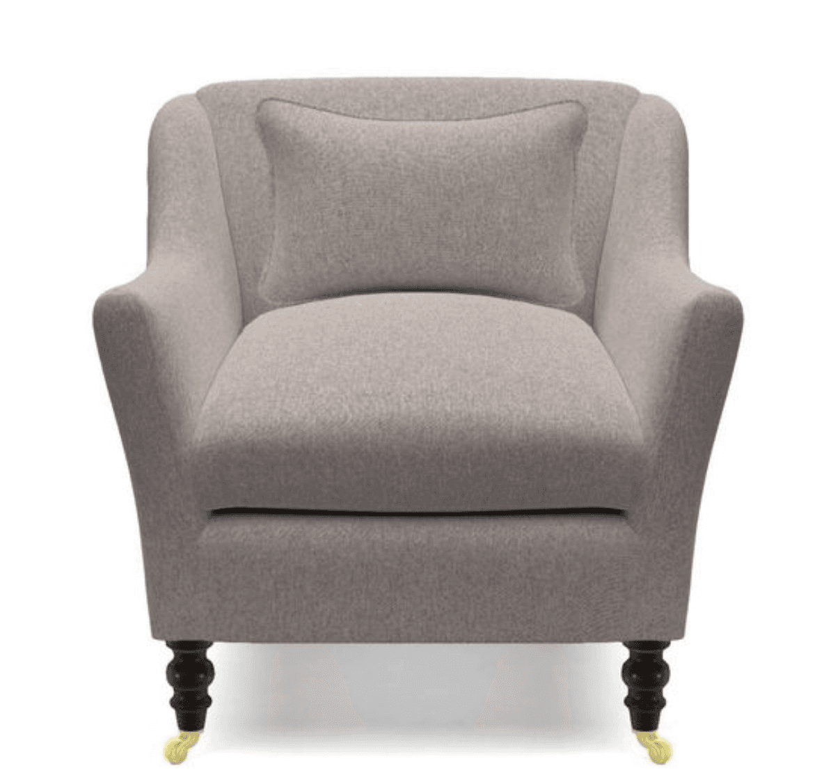 A single-seater armchair upholstered in a light grey textured fabric. The chair features a high back that curves gently into the arms, a deep seat cushion, and a lumbar pillow. It is supported by four dark wooden legs with brass casters on the front two legs. — 3D model