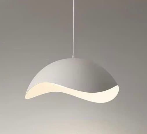 A modern pendant light featuring an organically shaped, undulating shade in a light grey or off-white finish, suspended from the ceiling by a thin cable. The light source is integrated and concealed within the shade, emitting a soft, diffused glow. — 3D model