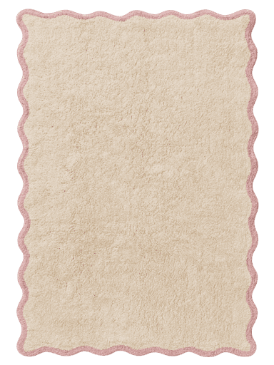 A rectangular area rug featuring a soft beige pile and a distinctive pink scalloped border. The design is simple yet playful, with the contrasting colors highlighting the wavy edge. — 3D model