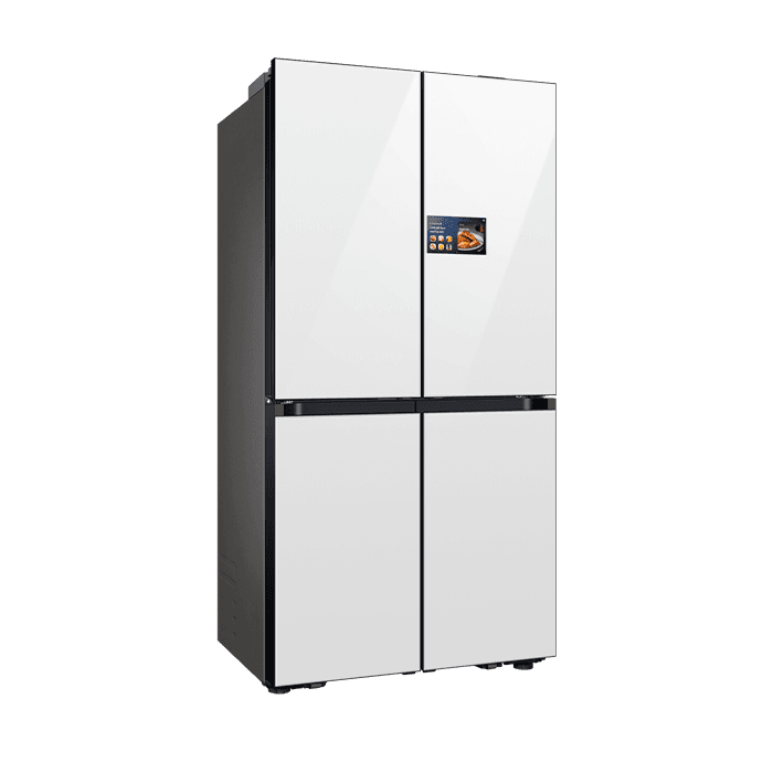 A freestanding, four-door refrigerator with a predominantly white finish. The refrigerator features a built-in digital display panel located centrally on the upper section. The doors appear to be made of a smooth, possibly glass or high-gloss, material. The frame and handles exhibit a dark gray or black accent color. The unit rests on small, adjustable feet. — 3D model