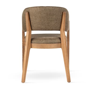 An upholstered armchair featuring a solid wood frame and legs, with a curved backrest that seamlessly integrates into the armrests. The seat and back are covered in a textured brown fabric. — 3D model