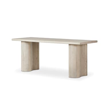 A console table with a thick, rectangular top and two cylindrical legs. The legs appear to be positioned towards the ends of the table and are integral to the overall structure. The finish is a light, natural wood tone. — 3D model