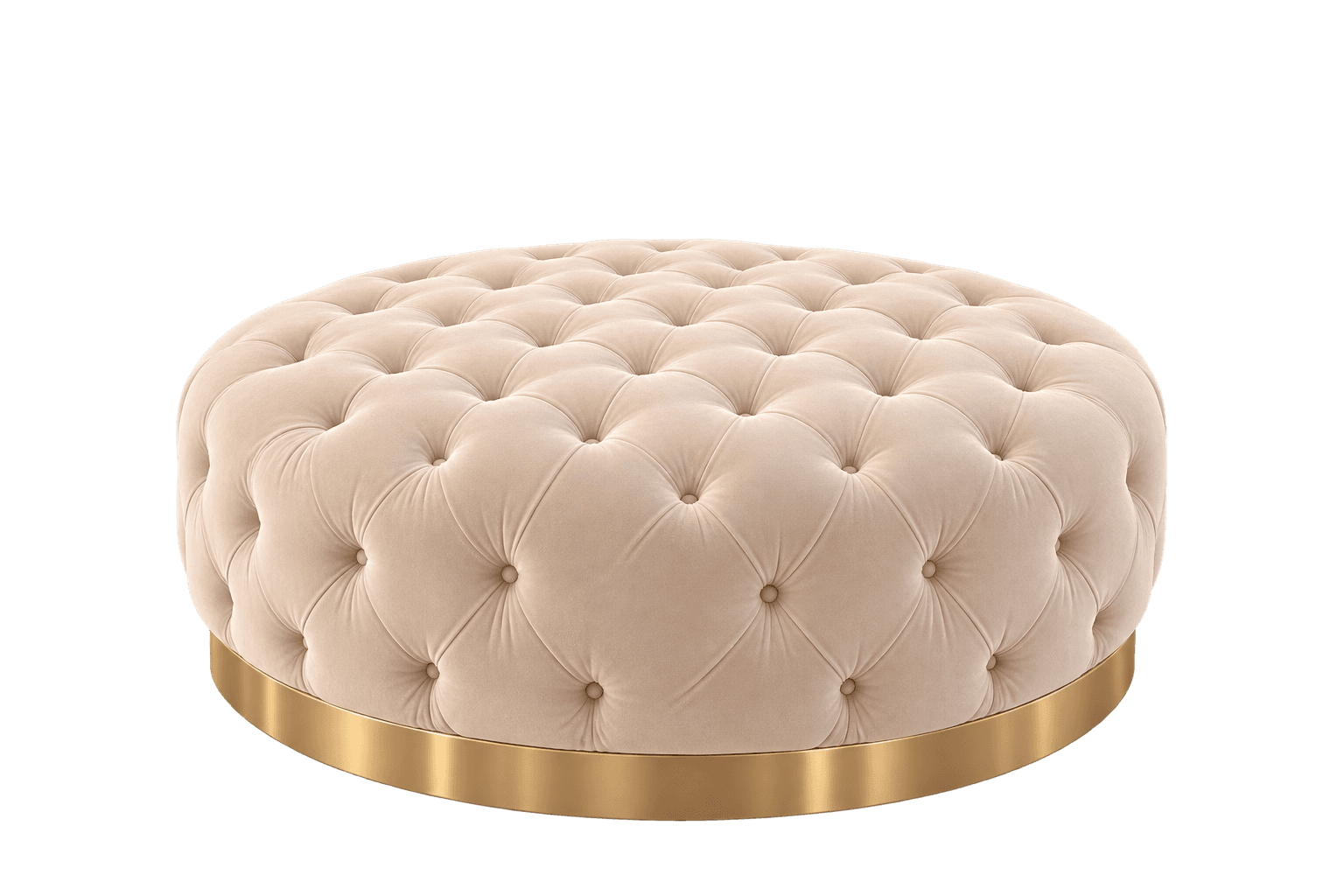 A round, deeply button-tufted ottoman upholstered in a champagne-colored velvet or plush fabric, supported by a polished brass plinth base. — 3D model