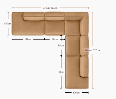 A top-down view of a modular L-shaped sectional sofa, depicted in a tan or light brown color with detailed measurements. — 3D model