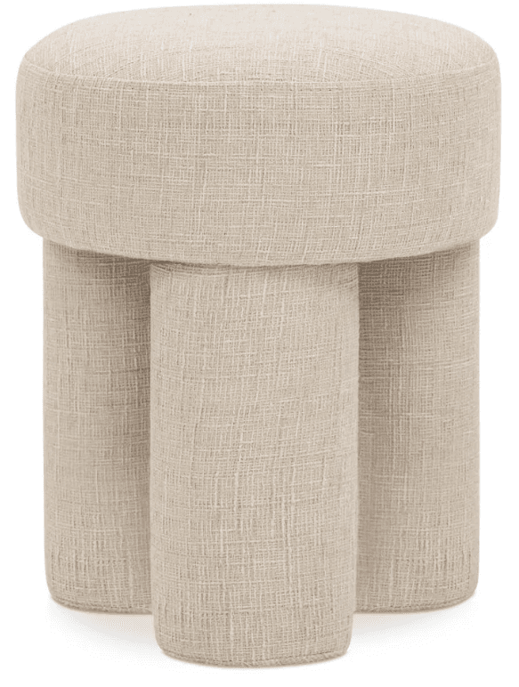 A rounded stool with a cushioned top and three cylindrical legs. The stool is upholstered in a textured, light-colored fabric. The design is contemporary and minimalist. — 3D model