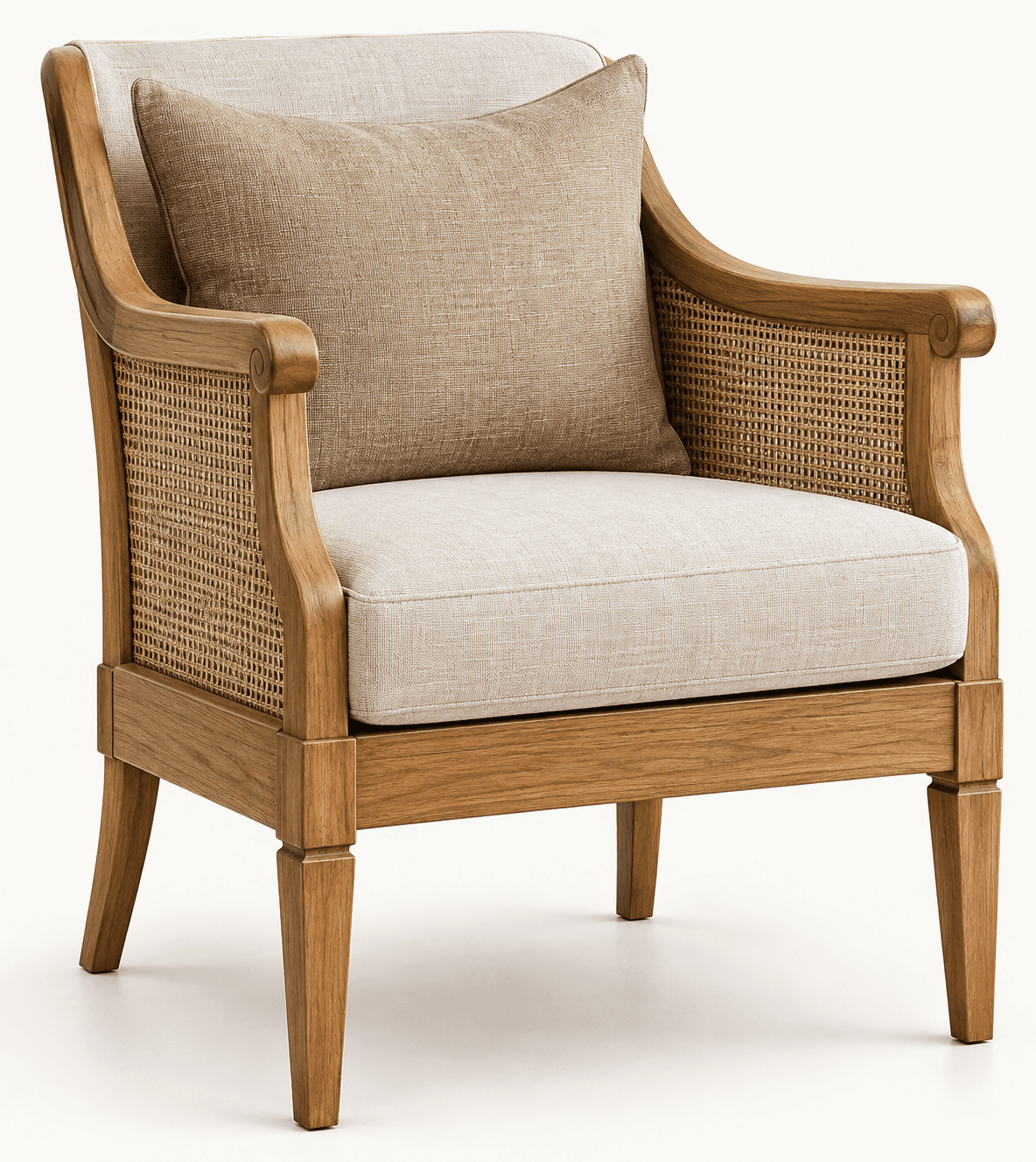 An accent armchair featuring a robust light-toned wooden frame, woven cane side panels, and comfortable upholstered cushions. The chair includes a loose seat cushion and a matching back pillow, both covered in a neutral fabric. The wooden frame exhibits gently curved armrests and straight, tapered square legs, contributing to its refined yet relaxed aesthetic. — 3D model