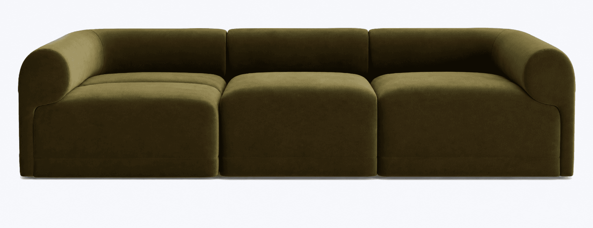 A modular sofa with three distinct seating units arranged linearly. The units have rounded arms on the left and right ends, and a continuous upholstered back and seat. The overall form is plush and contemporary, featuring clean lines and soft curves. The material appears to be a velvet or similar textured fabric. — 3D model