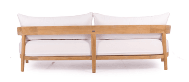A two-seater sofa featuring a natural light-toned wooden frame, possibly teak, with an open back and armrests. The frame has clean lines and minimalist construction. It is fitted with thick, plush white fabric cushions for both the seat and back, providing a stark contrast to the wood. The design suggests a modern or contemporary aesthetic, suitable for both indoor and outdoor settings. — 3D model