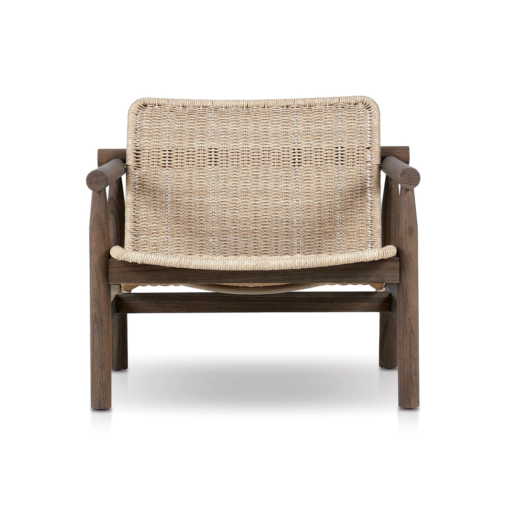 A modern armchair with a wooden frame and a woven rattan seat and back. The armchair features a robust, dark-stained wooden frame with visible grain. The seat and backrest are constructed from tightly woven natural-toned rattan, providing a contrasting texture. The armrests are extensions of the wooden frame, formed by cylindrical wooden pieces. — 3D model