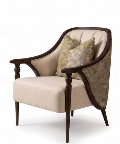 An upholstered armchair featuring an exposed dark wood frame, a light beige fabric seat and inner back, and a decorative patterned fabric on the outer back. The chair has a rounded backrest, turned details on the front arm supports, and tapered legs. A small, light-colored throw pillow rests on the seat. — 3D model