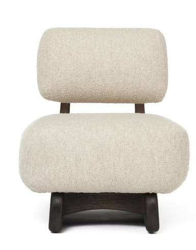 A modern, low-profile lounge chair featuring plush, off-white bouclé upholstery and a distinctive dark-stained wooden frame. The chair consists of a thick, cushioned seat and a separate, curved backrest, both generously upholstered. The solid wooden frame acts as both the base and the support for the backrest, showcasing smooth, rounded lines and a visible wood grain. — 3D model