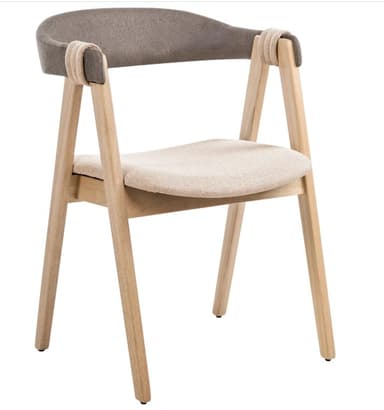 A contemporary armchair featuring a light-toned wooden frame and dual-tone fabric upholstery. The seat is a lighter beige, while the curved backrest is a slightly darker brown-grey. The backrest integrates with the frame, featuring a distinctive wrapped detail where the frame meets the backrest/armrest structure. The chair stands on four simple, slightly tapered wooden legs. — 3D model