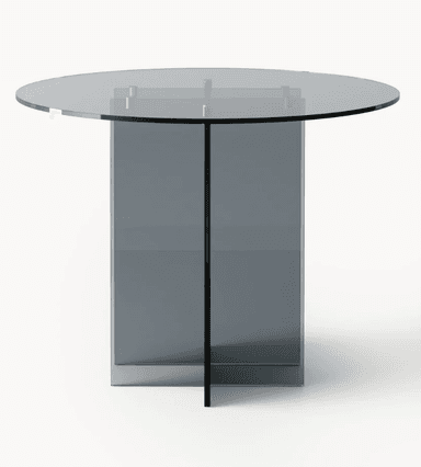 A modern side table with a circular glass top and a geometric pedestal base. The base is constructed from intersecting vertical panels of tinted glass, creating a multi-faceted column. The top is transparent and slightly smoked, supported by a cross-shaped structure within the base. — 3D model