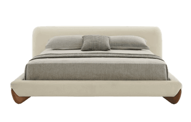 A contemporary platform bed with a curved headboard and a low-profile frame. The bed is upholstered in a light-colored fabric and features rounded wooden legs. It is dressed with bedding in neutral tones, including a grey throw blanket and two grey pillows, one of which has a checkered pattern. The headboard has a subtle, organic shape with wooden accents on the sides. The frame is padded and extends slightly beyond the mattress area. — 3D model