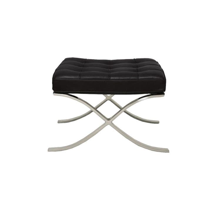 A rectangular ottoman with a tufted, dark-colored upholstered top and a sculptural, X-shaped metal base. The tufting on the top appears to be diamond-shaped stitching. The base has a brushed or polished metallic finish. — 3D model